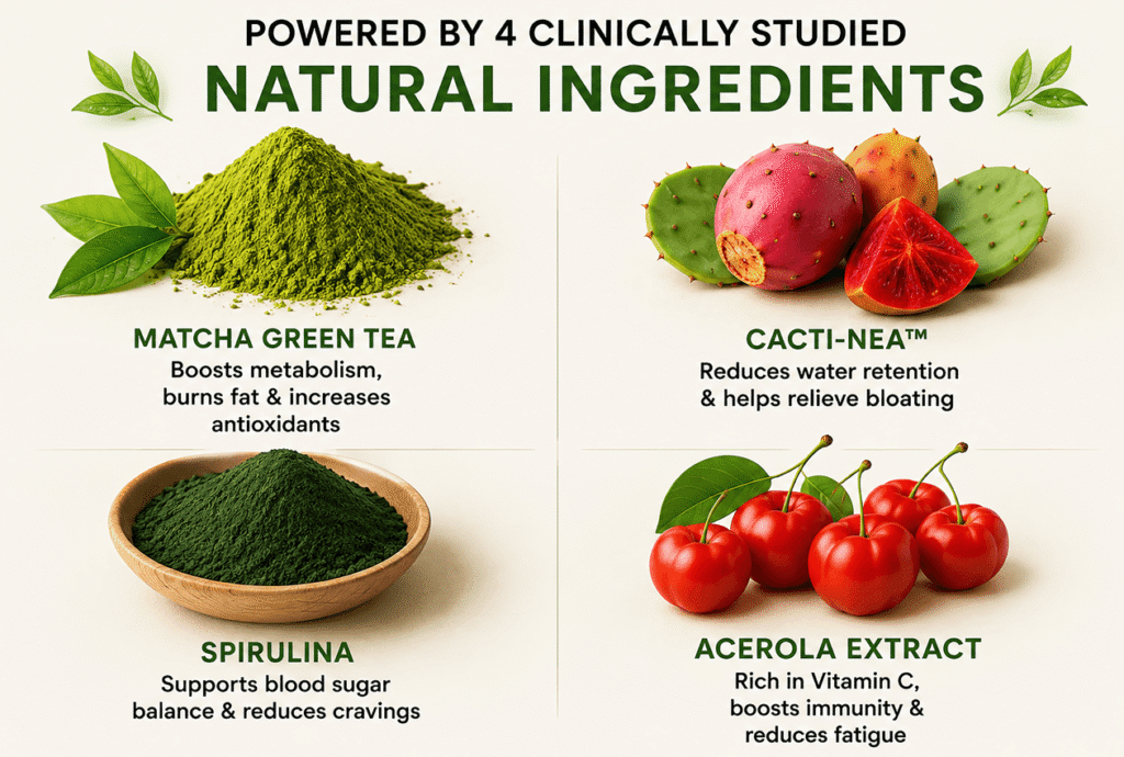 Matcha Extreme ingredients including matcha green tea spirulina acerola and cacti-nea