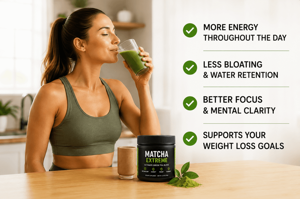 Woman drinking Matcha Extreme showing energy and wellness benefits