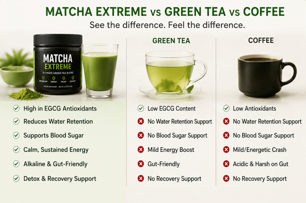 Matcha Extreme vs green tea vs coffee comparison chart for weight loss and energy