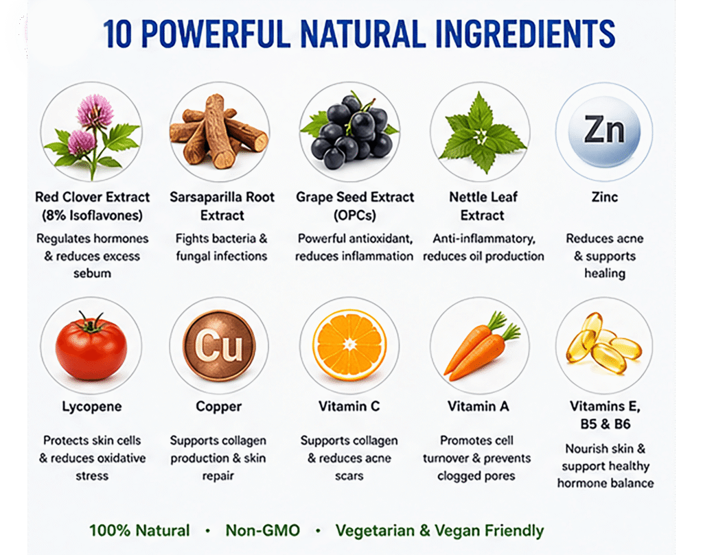 Nonacne ingredients including Red Clover Zinc Grape Seed Extract and Vitamins for acne support