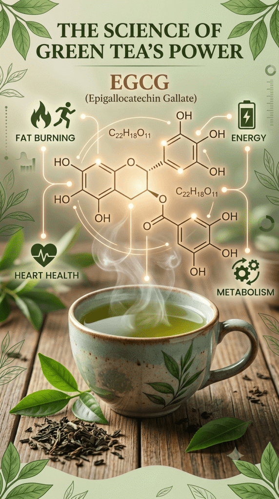 Cup of green tea with EGCG molecule illustration and metabolism icons.