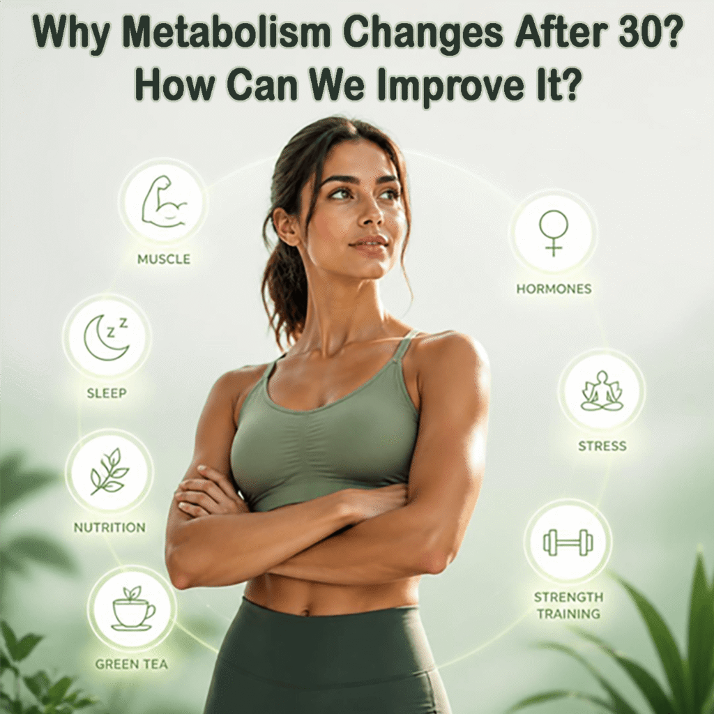 Woman in her 30s exercising and eating healthy while learning how metabolism slow down after 30.