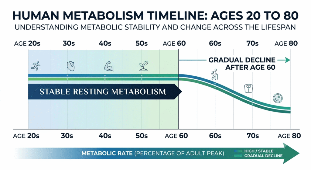 Simple graph showing resting metabolic rate remaining stable from age 20 to 60.