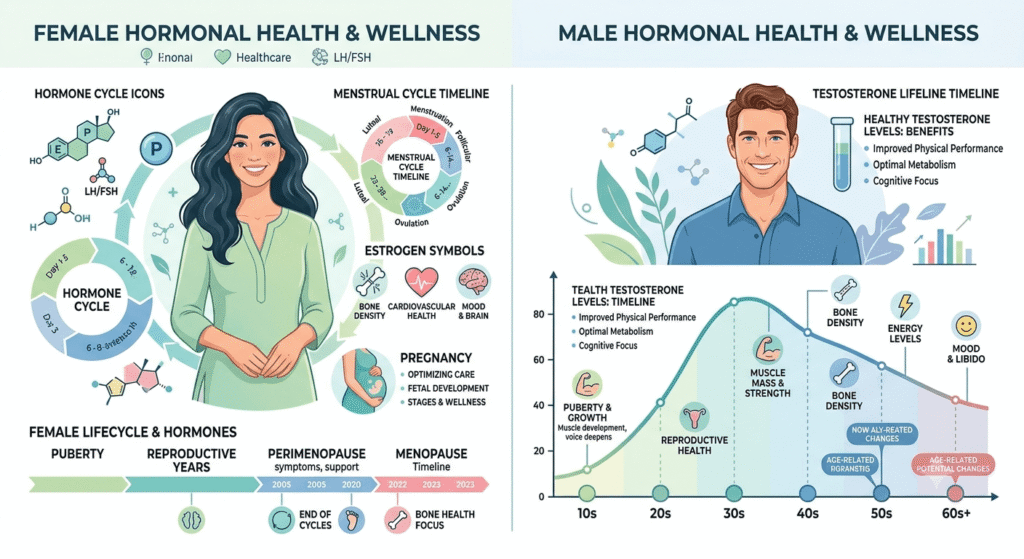Illustration comparing hormonal changes affecting metabolism in women and men after age 30.