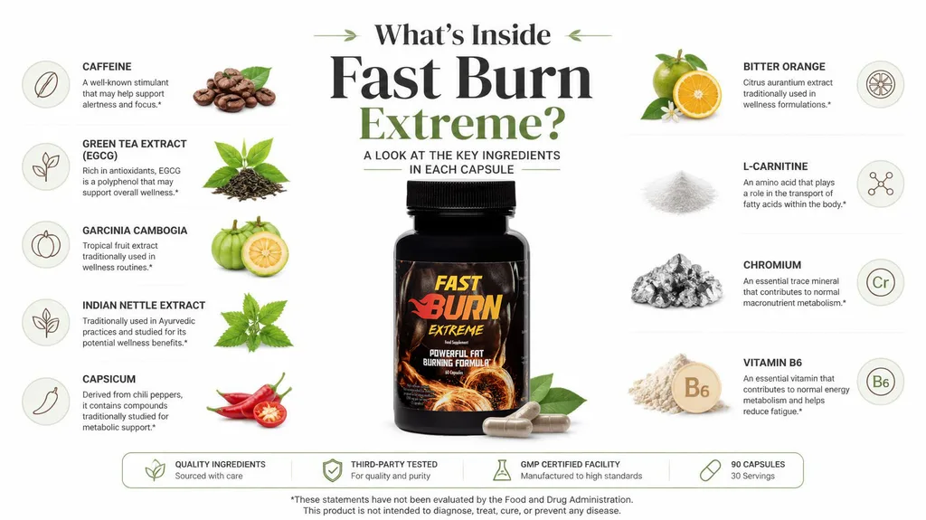 Fast Burn Extreme formula showing caffeine, green tea extract, garcinia cambogia, and other ingredients