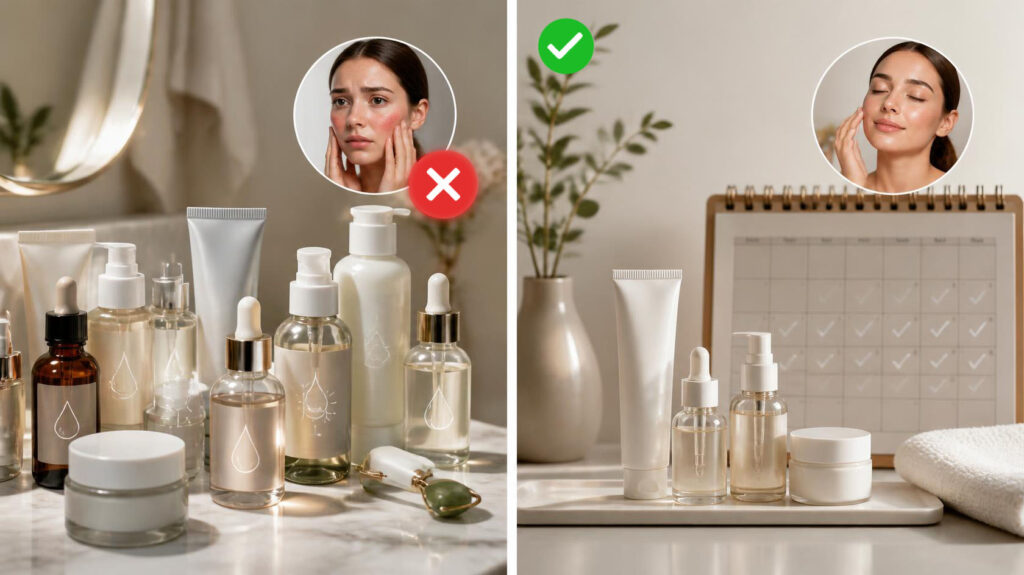 Overcomplicated skincare routine compared with a simple consistent routine