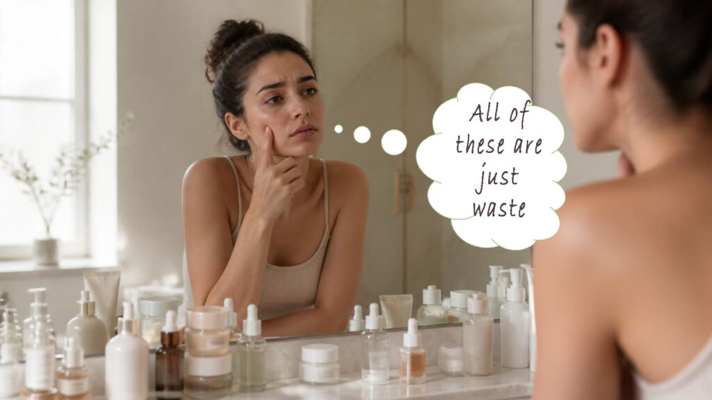 Woman reviewing skincare products that are not delivering expected results. Why my skincare products not working?